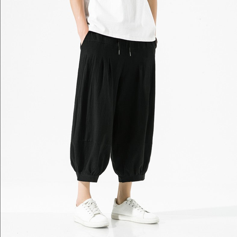Mens Casual Cotton-Linen Wide-Leg Pants