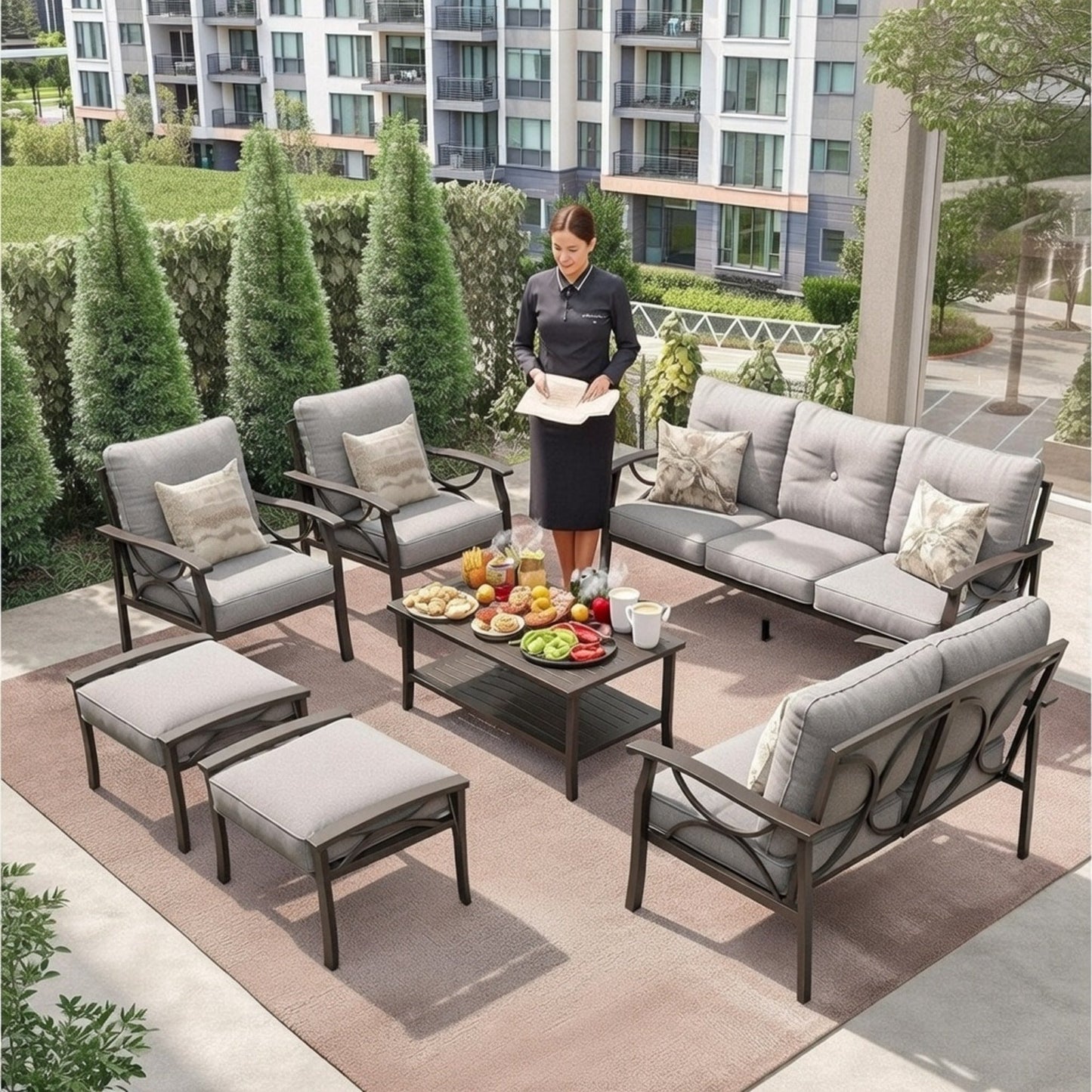 Outdoor Patio Set Steel 7 Piece Seats 9 Khaki Gray