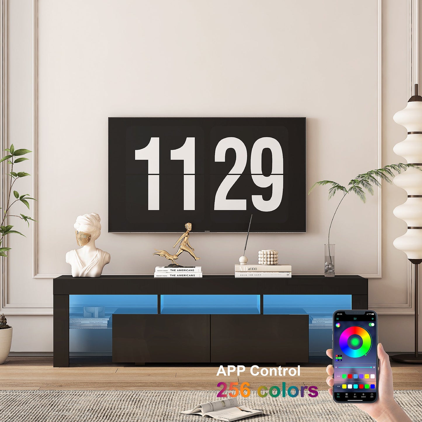 TV Stand LED High Gloss Black Storage Cabinet Fits 65