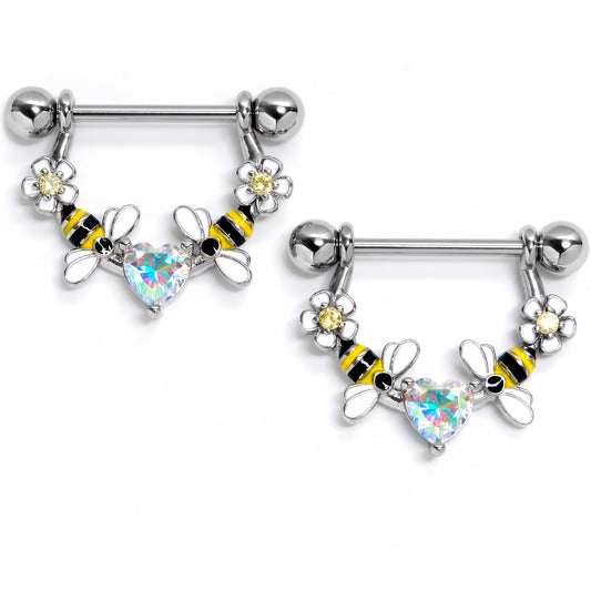 14G 9/16 Aurora Gem Heart Bees Flowers Dangle Nipple Ring Set