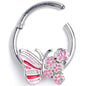 16G 3/8 Clear Gem Flowery Butterfly Pink Hinged Segment Ring