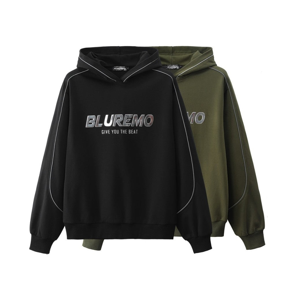 Mens American-style High-street Reflective-striped Hooded Sweatshirt Mirrored Finish
