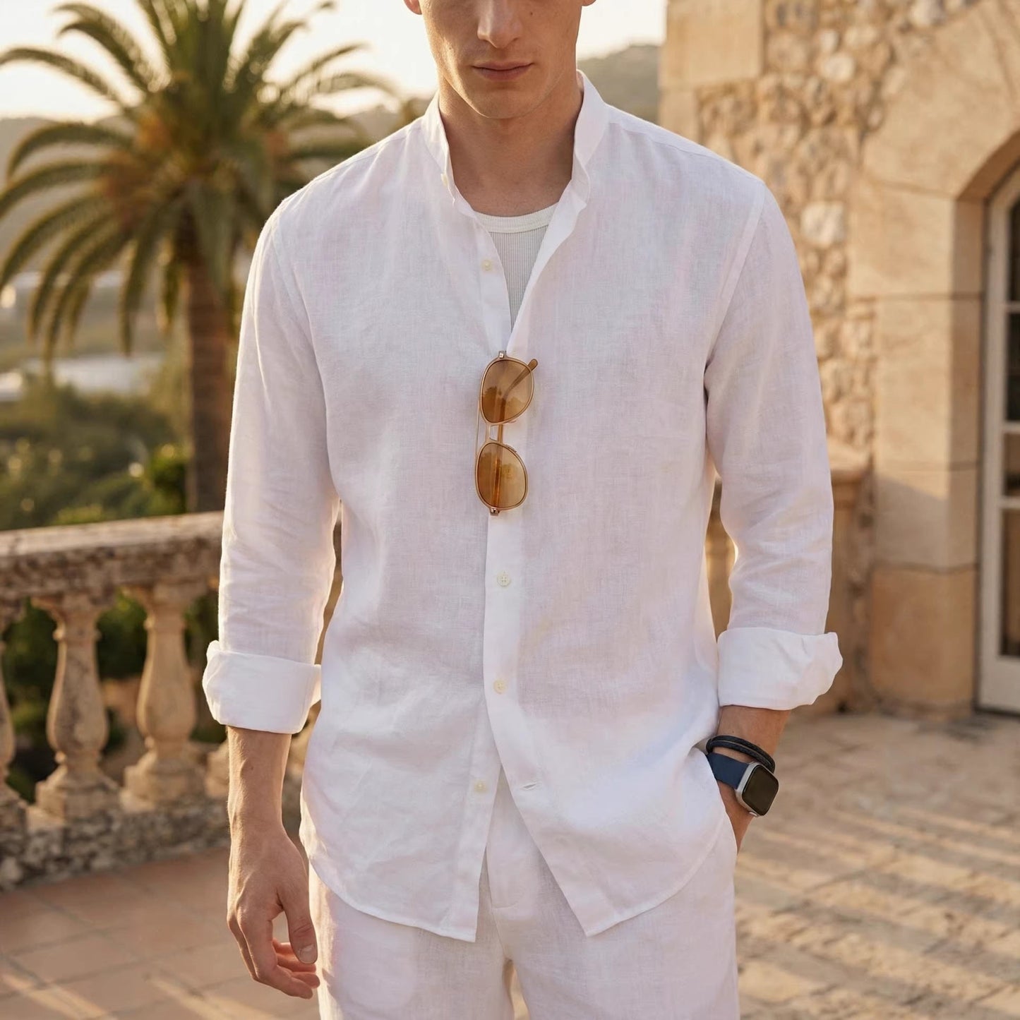 Mens Solid Color Loose Fit Casual Linen Shirt Top