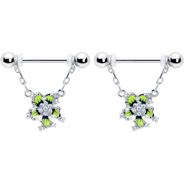 14G 9/16 Clear CZ Gem Go Green Flower Chain Dangle Nipple Ring Set