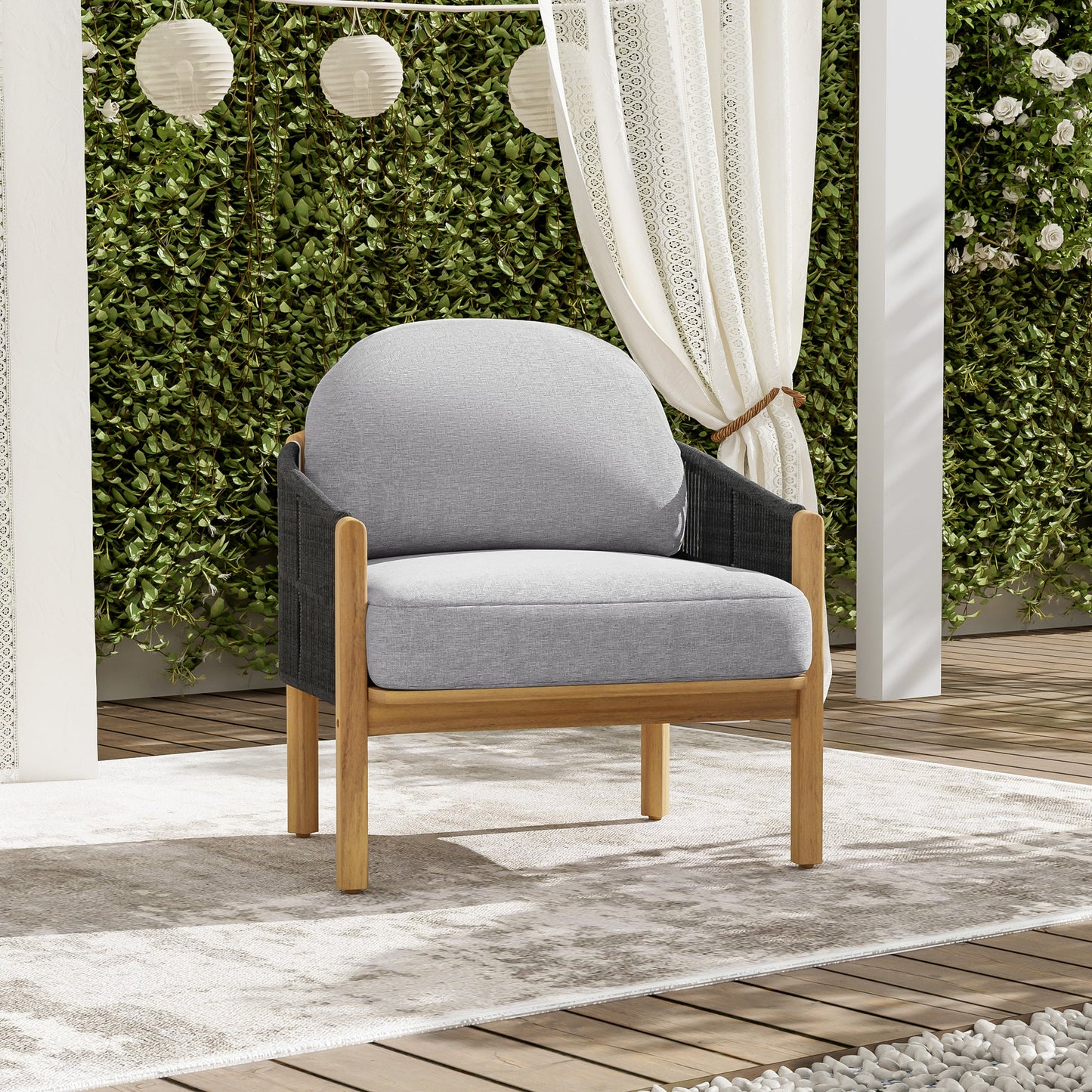 Outdoor Club Chair Acacia Wood Rope Woven Dark Gray Cushion