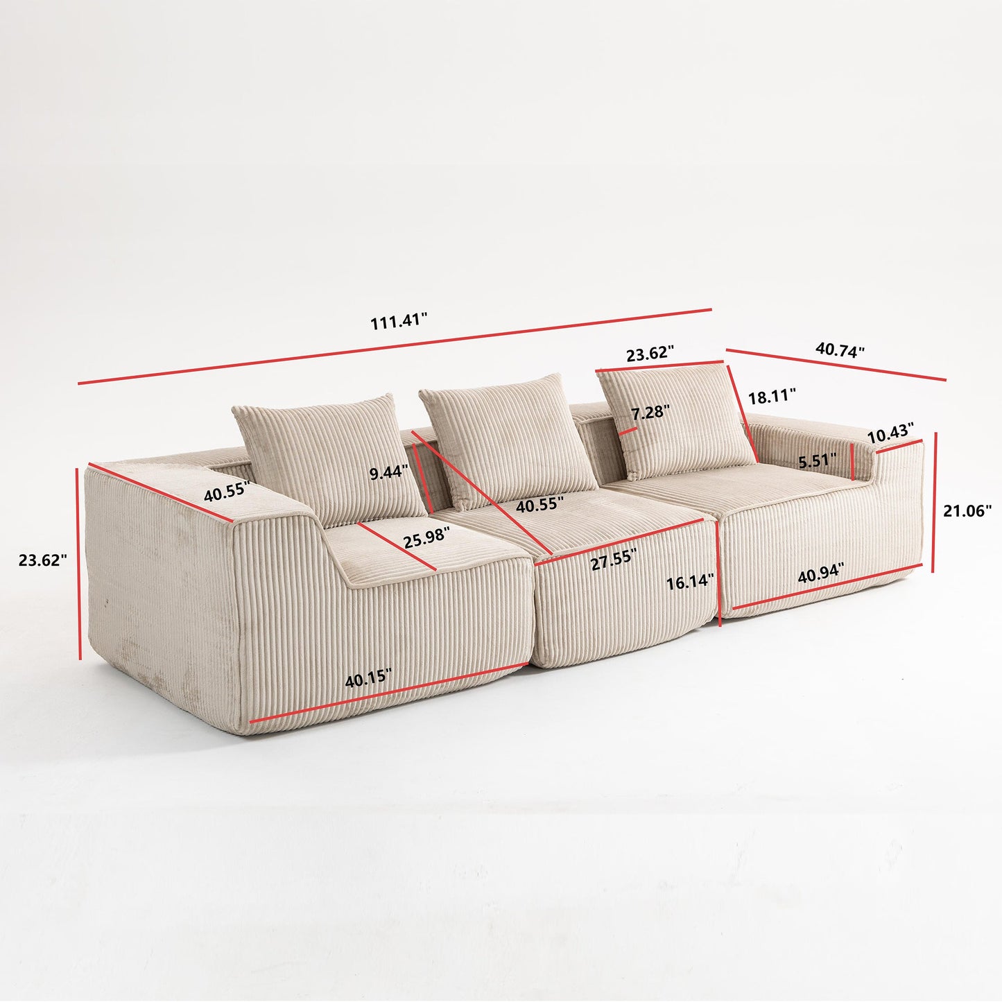Minimalist Corduroy Sectional Sofa Beige 3-Seat 111