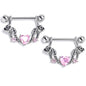 14G 9/16 Pink Gem Heart Ribbon Dangle Nipple Ring Set