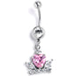 Clear Pink Gem Crown Heart Dangle Belly Ring