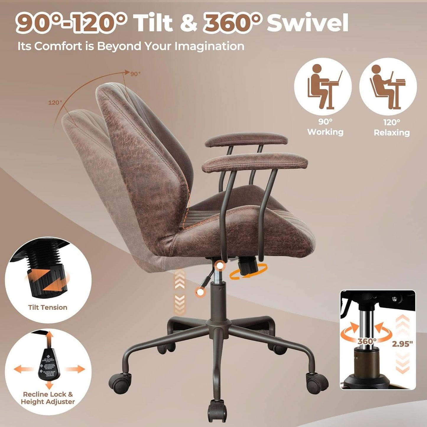 Ergonomic Leather Office Chair Dark Brown Mid Century Modern