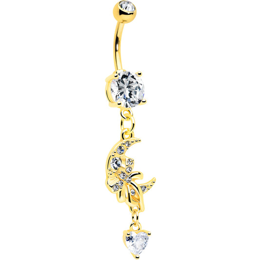 Clear CZ Gem Gold Tone Moon Bow Heart Dangle Belly Ring