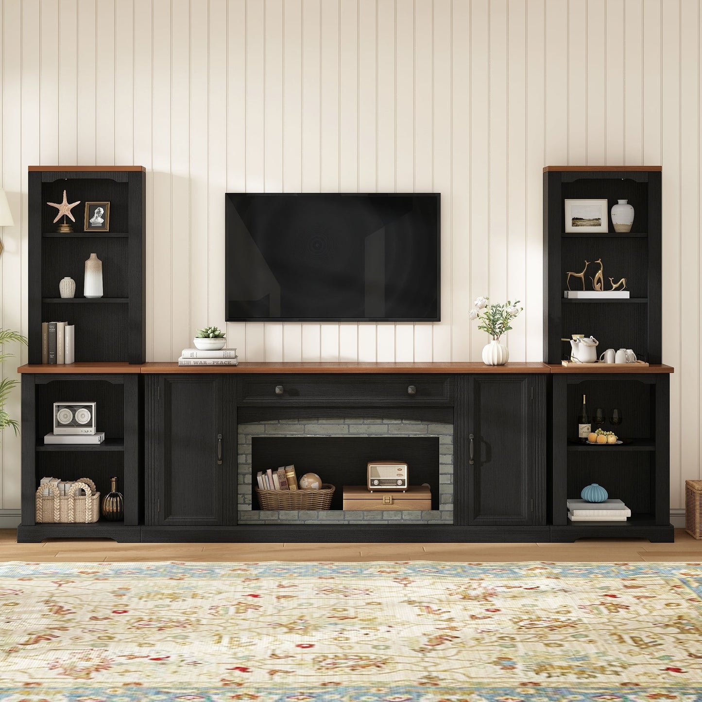 TV Stand 3-Piece Set MDF Walnut Gray Curved Cabinets Fits 70 In TV 109 In