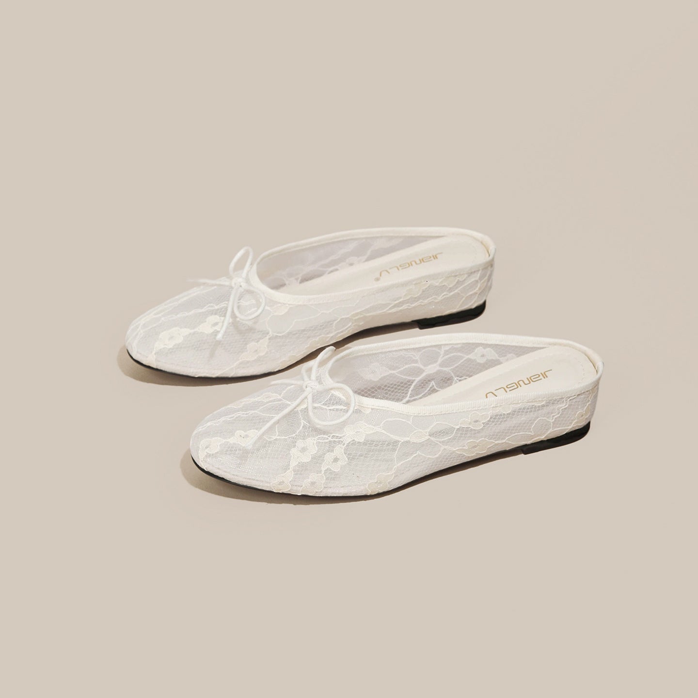 4cm Hidden-Heel Bow-Knot Lace Fishnet Breathable Hollowed-Out Closed-Toe Half Slippers