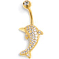 Clear CZ Gem Gold Tone Deluxe Dolphin Belly Ring