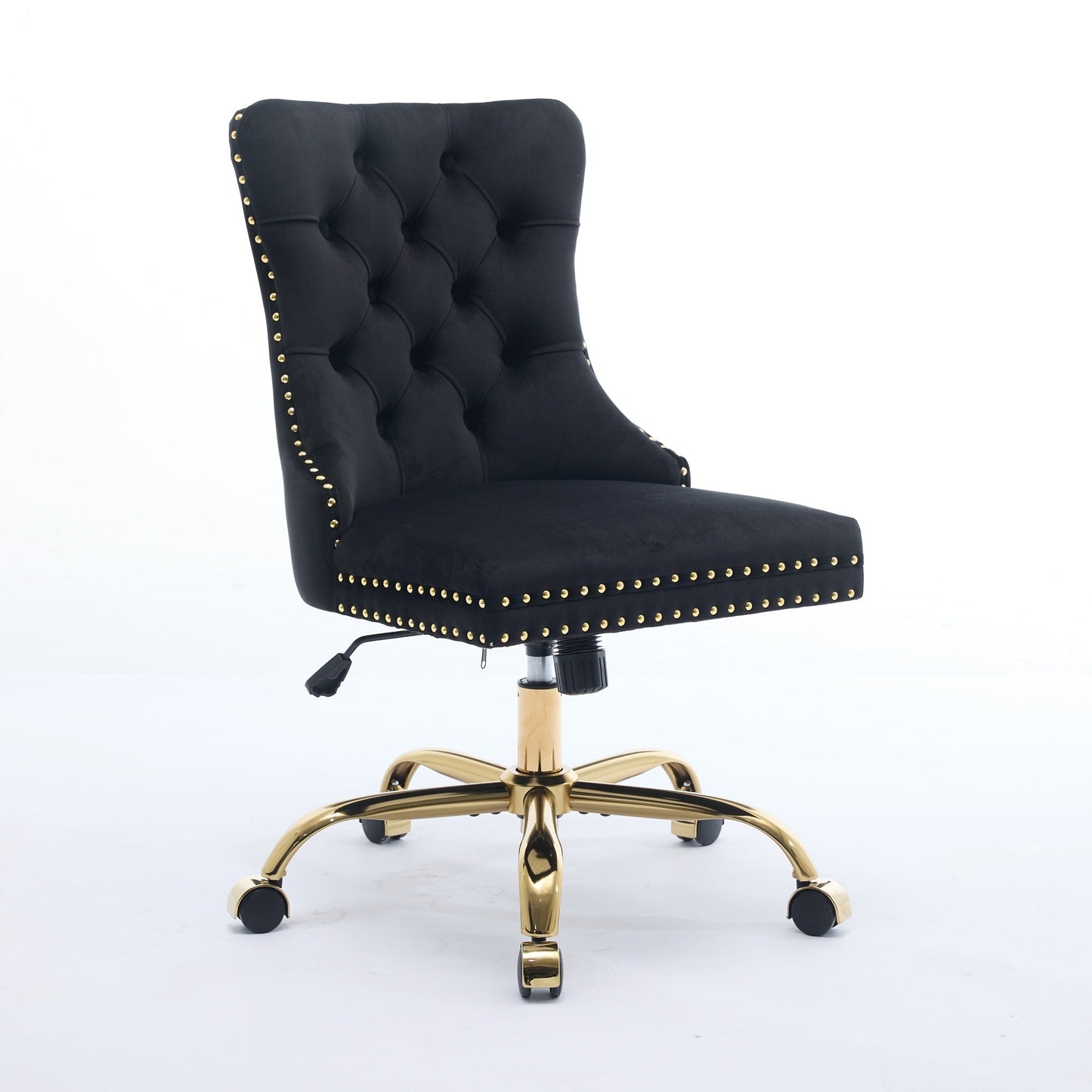 Swivel Office Chair Velvet Black Tufted Button Gold Metal Base 24.8x38.6 In