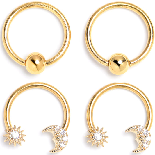 16G 3/8 Clear Gem Gold Tone Moon Sun BCR Captive Horseshoe Set of 4