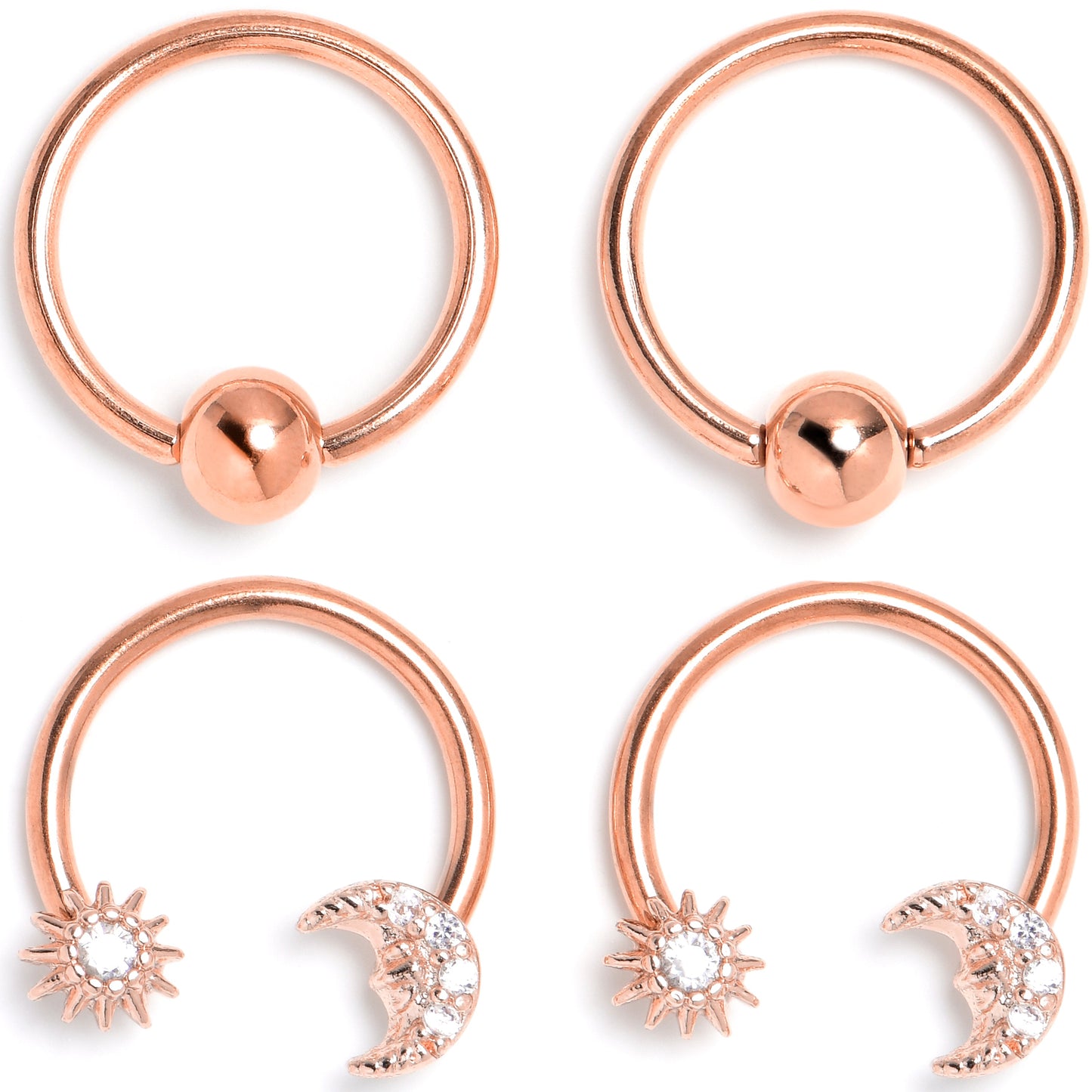 16G 3/8 Clear Gem Rose Gold Tone Moon Sun Captive Horseshoe Set of 4