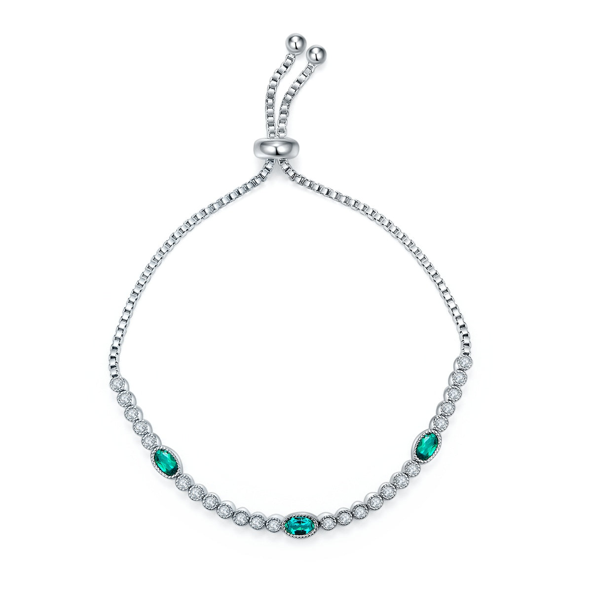 S925 Sterling Silver Adjustable Slider Bracelet, 5x3mm 3-Stone Lab-Grown Emerald Box Chain, Platinum Plated 6.5g Fine Jewelry Gift Box