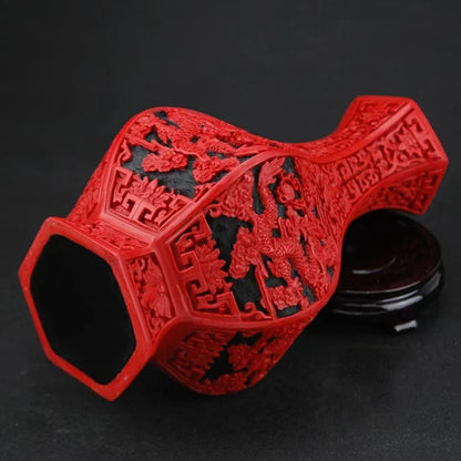 Red Lacquer Dragon Vase, 10" Chinese Auspicious Decor