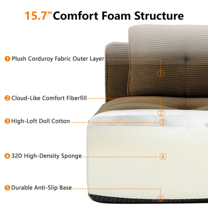 Sectional loveseat L-Shape Corduroy Brown 2 Seat Modular with Ottoman 82 In