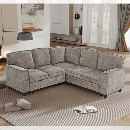 Sectional Sofa L-Shape Chenille Brown 5 Seat USB Ports Pull-Out 81 In
