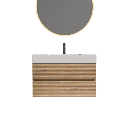 36'  Rough Oak+Rough Oak Bathroom Vanity with White Engineered Quartz Sink an...