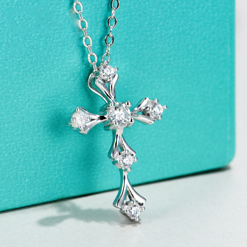 S925 Sterling Silver Moissanite Cross Necklace, 3.5mm D-VVS1 Pendant, Platinum Plated 40&45cm Chain, 1.7g GRA Certificate Gift Box