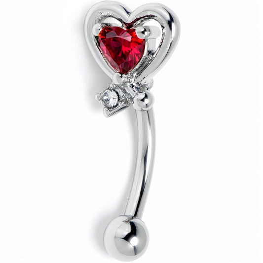 16G 5/16 Red CZ Gem Wrapped In Heart Curved Eyebrow Ring