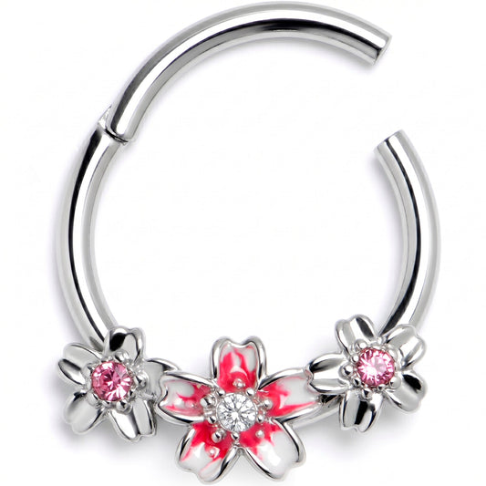 16G 3/8 Pink Clear Gem Perfect Flowers Hinged Segment Ring