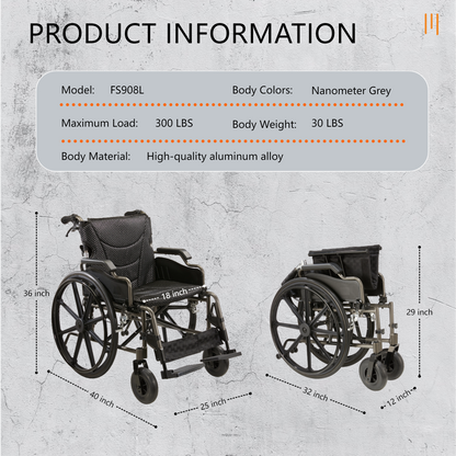 Wheelchair Manual Transport Folding Aluminum 18 In Seat 275 LB Dark Gray