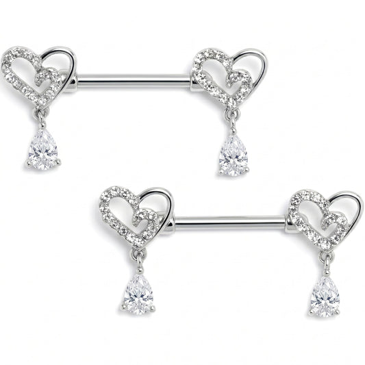 14G 9/16 Clear CZ Gem Asymmetrical Heart Dangle Nipple Ring Set