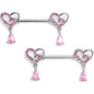 14G 9/16 Pink CZ Gem Asymmetrical Heart Dangle Nipple Ring Set