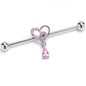14G Pink CZ Gem Asymmetrical Heart Dangle Industrial Barbell 38mm