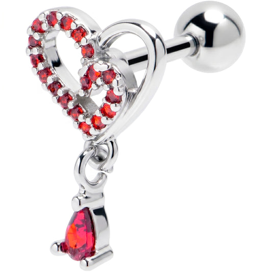 16G 1/4 Red CZ Gem Asymmetrical Heart Dangle Cartilage Earring