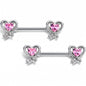 14G 9/16 Pink CZ Gem Wrapped In Heart Barbell Nipple Ring Set