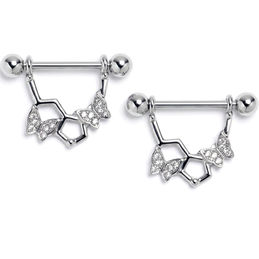 14G 9/16 Clear Gem Hexagon Butterfly Dangle Nipple Ring Set