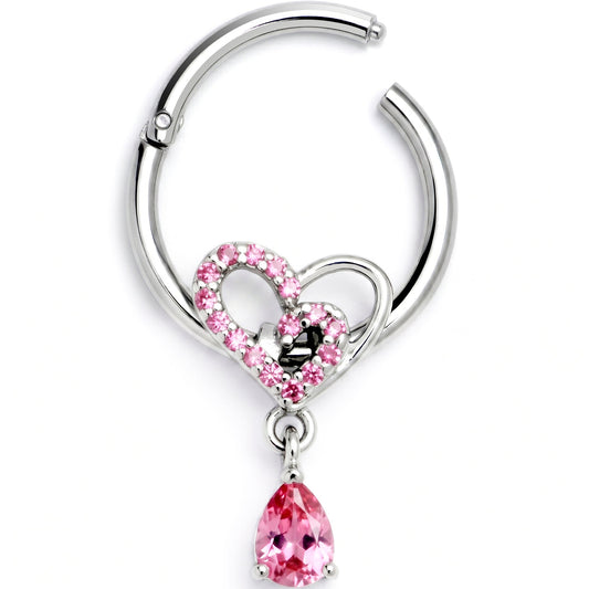16G 3/8 Pink CZ Gem Asymmetrical Heart Dangle Hinged Segment Ring