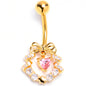 Clear Pink CZ Gem Gold Tone Heart Wreath of Love Belly Ring