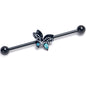 14G Blue CZ Gem Black Night Drama Butterfly Industrial Barbell 38mm