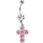 Clear Gem Perfectly Pink Flower Cross Dangle Belly Ring