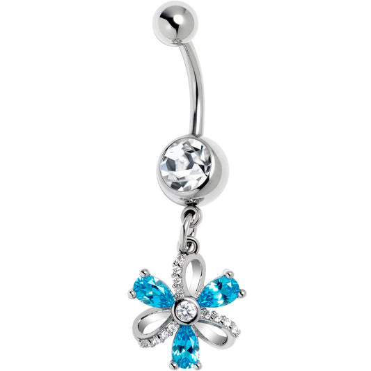 Clear Blue CZ Gem Bling Flower Glam Dangle Belly Ring