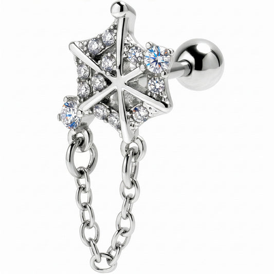 16G 1/4 Clear Gem Spiderweb Chain Dangle Cartilage Tragus Earring