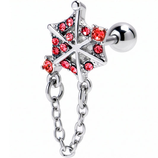 16G 1/4 Pink Gem Spiderweb Chain Dangle Cartilage Tragus Earring