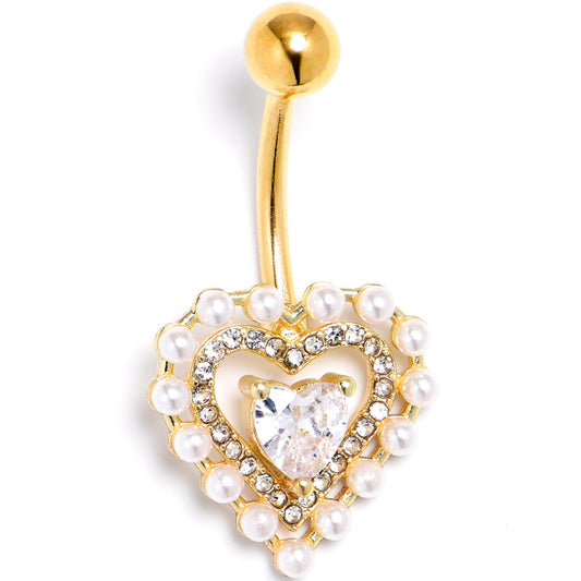 Clear CZ Gem Gold Tone Pearly Heart Pair Belly Ring