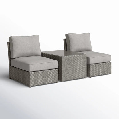 Outdoor Patio Set HDPE Wicker Gray 3 Piece 2 Armless Chairs Glass Table