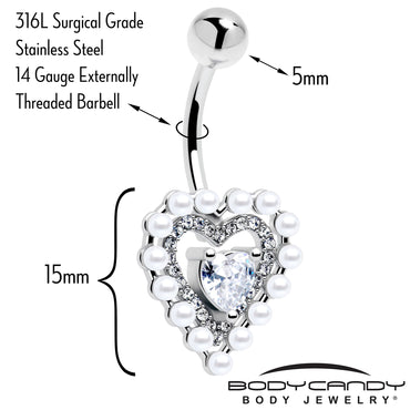 Clear CZ Gem Pearl Heart Belly Ring
