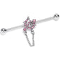 14G Pink Gem Spiderweb Chain Dangle Industrial Barbell 38mm