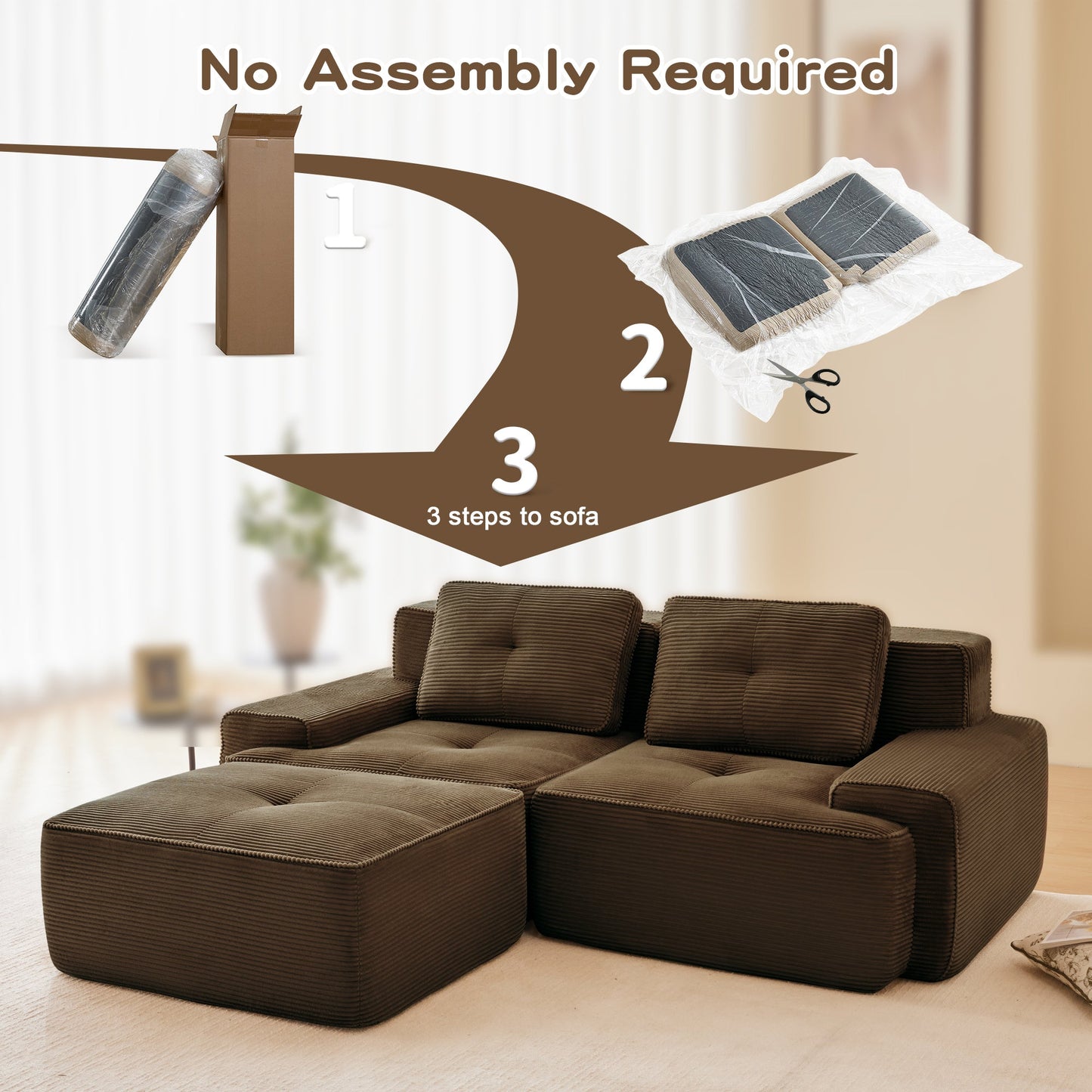 Sectional loveseat L-Shape Corduroy Brown 2 Seat Modular with Ottoman 82 In