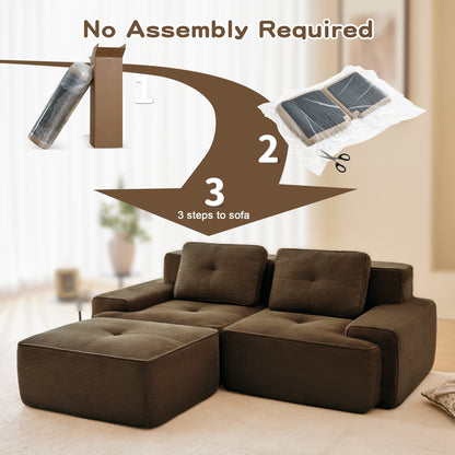 Sectional loveseat L-Shape Corduroy Brown 2 Seat Modular with Ottoman 82 In