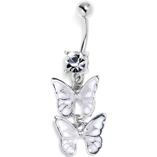 Clear CZ Gem Butterfly Duo White Dangle Belly Ring