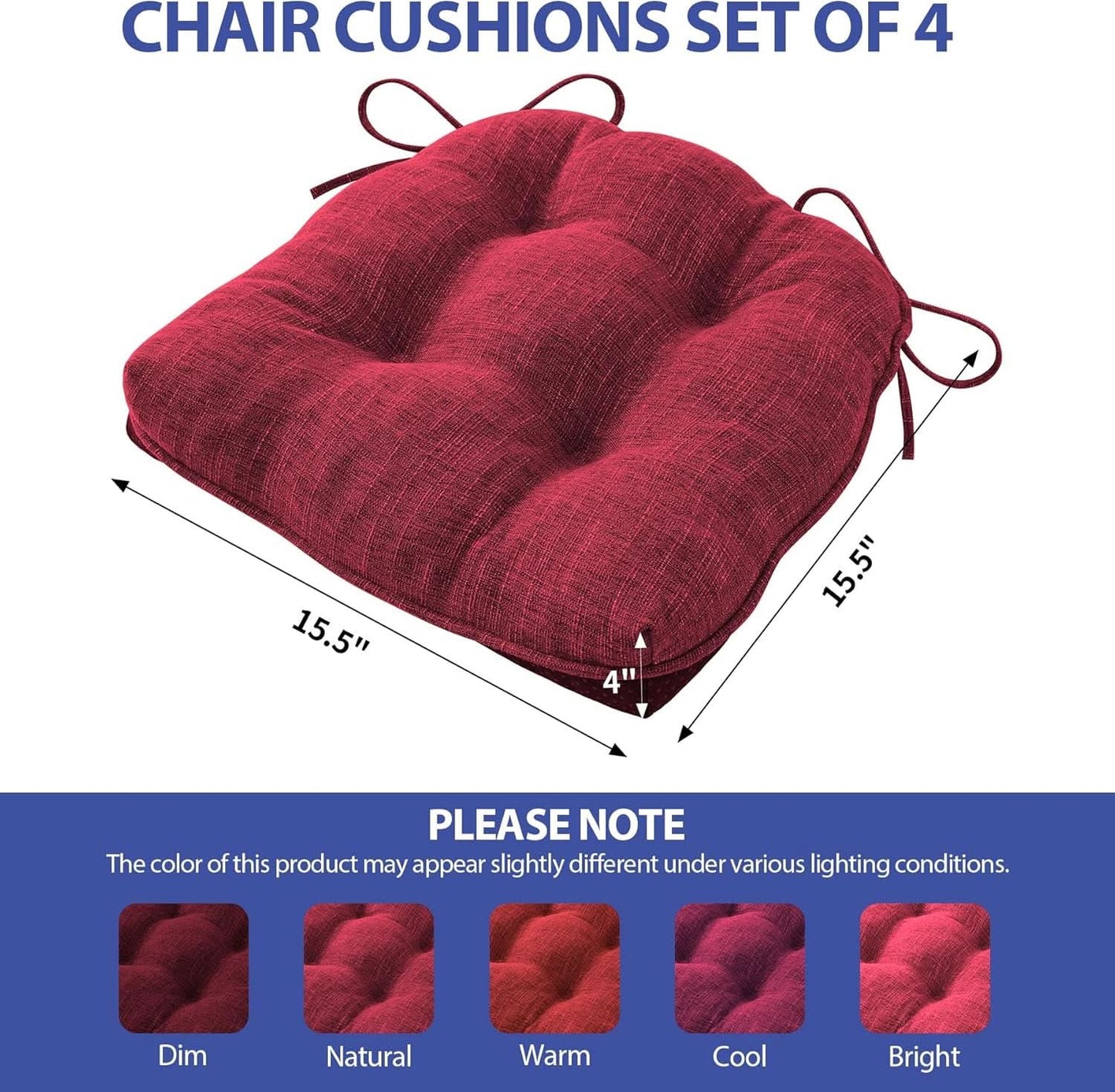 Red Tufted Memory Foam Chair Cushions 4 Pack Non Slip Ties